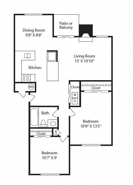 Floor plan for 2 beds, 1 bath, 845 sqft